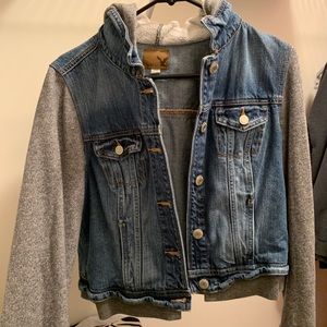 Jean jacket with cotton sleeves and a hood!